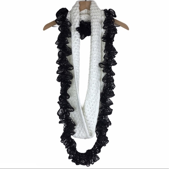 2 Scarf Lot BCBGeneration Infinity Knit Handmade Metallic Ruffle Lace Minimalist - Picture 15 of 15